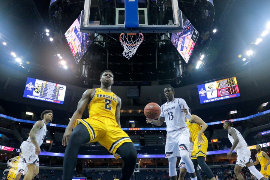 Wichita State freshman Jamarius Burton reacts to his dunk during the first half of the game against Cincinnati on March 16, 2019 at the FedExForum in Memphis, Tennessee. (Photo by Joseph Barringhaus/The Sunflower).