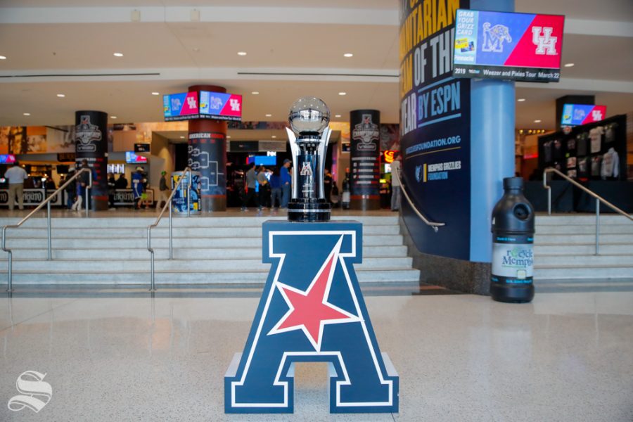 The American Athletic Conference tournement trophy sits in the concourse of the FedExForum before Wichita States semifinal game against Cincinnati on March 16, 2019 in Memphis, Tennessee. (Photo by Joseph Barringhaus / The Sunflower.)