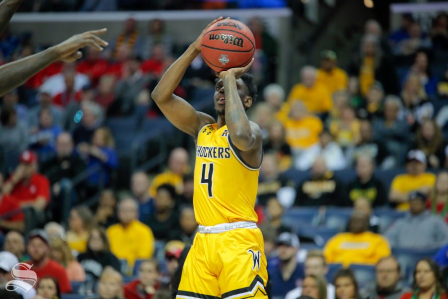 Wichita State senior Samajae Haynes-Jones takes a shot during the first half of the game against Cincinnati on March 16, 2019 at the FedExForum in Memphis, Tennessee. (Photo by Joseph Barringhaus/The Sunflower).