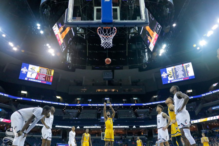 Wichita State senior Markis McDuffie takes a free throw during the first half of the game against Cincinnati on March 16, 2019 at the FedExForum in Memphis, Tennessee. (Photo by Joseph Barringhaus/The Sunflower).