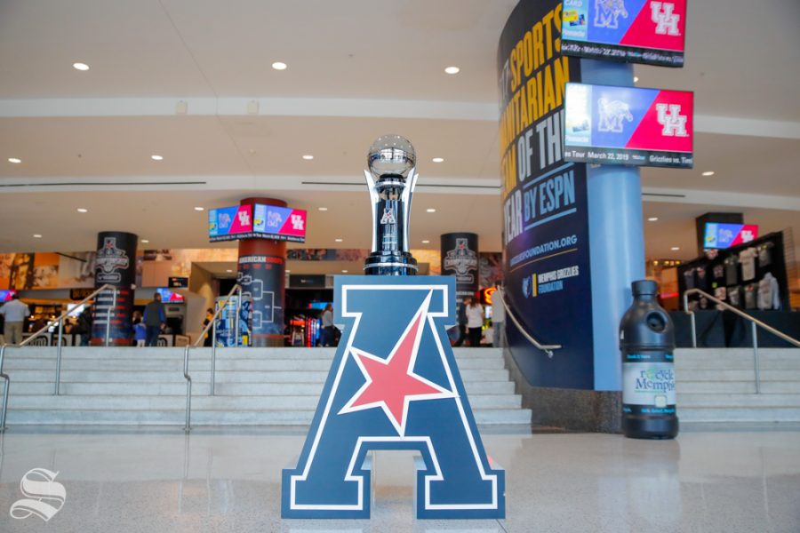 The American Athletic Conference tournement trophy sits in the concourse of the FedExForum before Wichita State's semifinal game against Cincinnati on March 16, 2019 in Memphis, Tennessee. (Photo by Joseph Barringhaus / The Sunflower.)