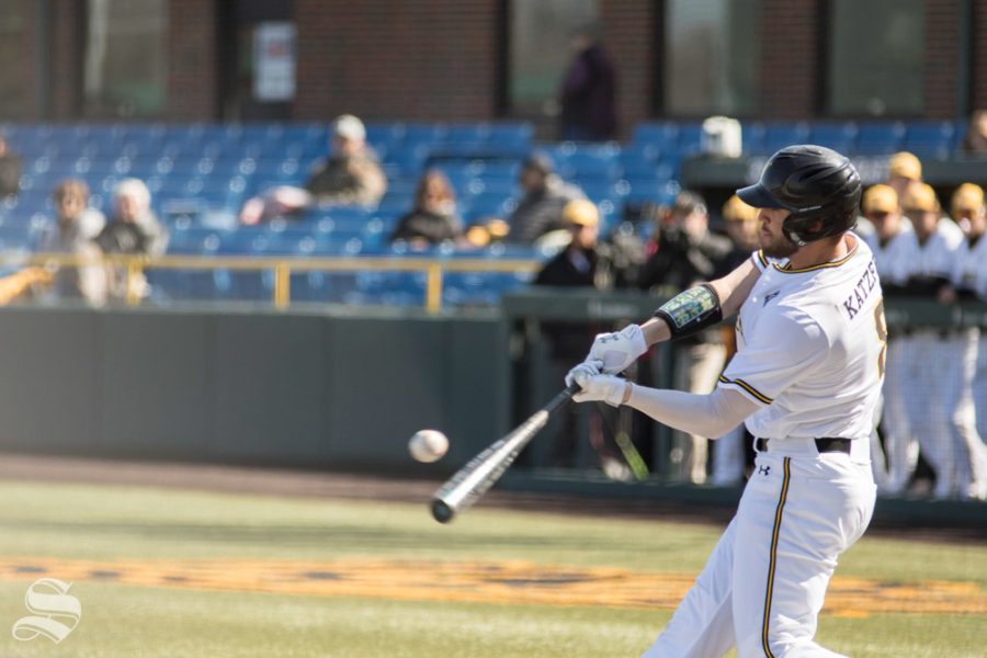 Wichita State  junior Jacob Katzfey hits the ball during the game against Creighton on March. 1, 2019 at Eck Stadium.