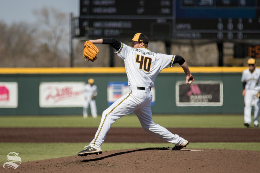 Wichita State senior Clayton Mcginness throws a pitch during their game against Creighton on March. 1, 2019 at Eck Stadium.