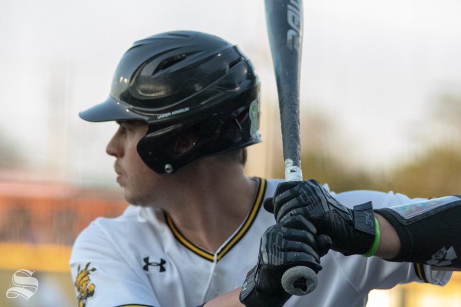 Wichita State player gets ready to bat during the game against Kansas State on March 27 at Eck Stadium (Austin Shaw/The Sunflower.)