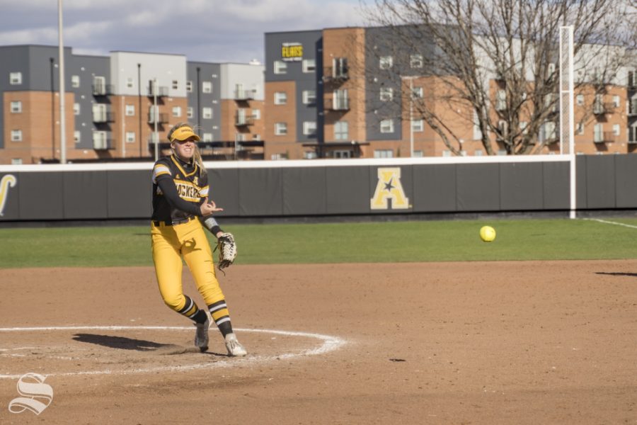 Wichita State sophomore Erin McDonald pitches during the game against Uconn at Wilkins Stadium on March 30, 2019.