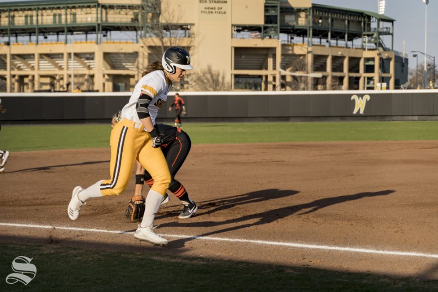 Wichita State’s sophomore Neleigh Herring runs home during their game against OSU at Wilkins Stadium on March 27, 2019.