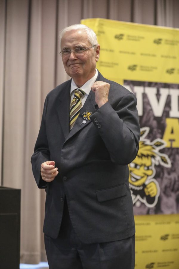 Wichita State President John Bardo pictured at Wichita States joining the American Athletic Conference. 