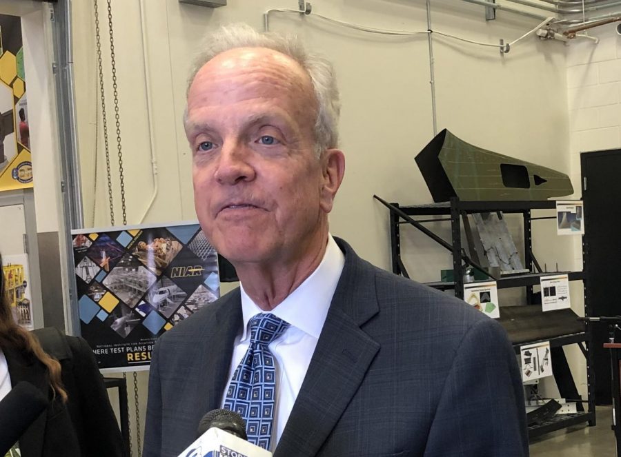 Kansas Sen. Jerry Moran takes questions from the media after a WSU news conference Friday announcing a $2 million grant from the U.S. EDA.