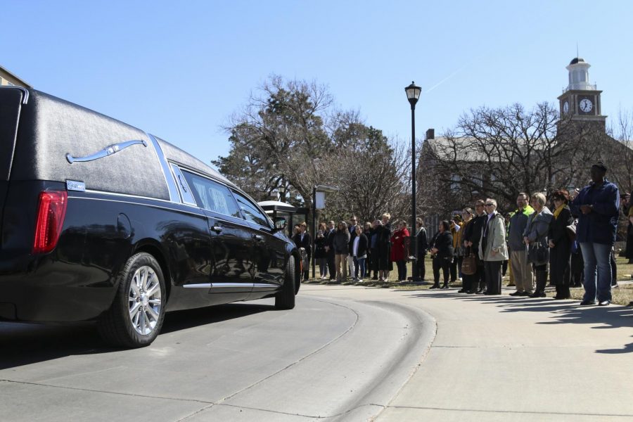 Bardos funeral procession passes by Wiedemann Hall on Monday, Mar. 18, 2019.