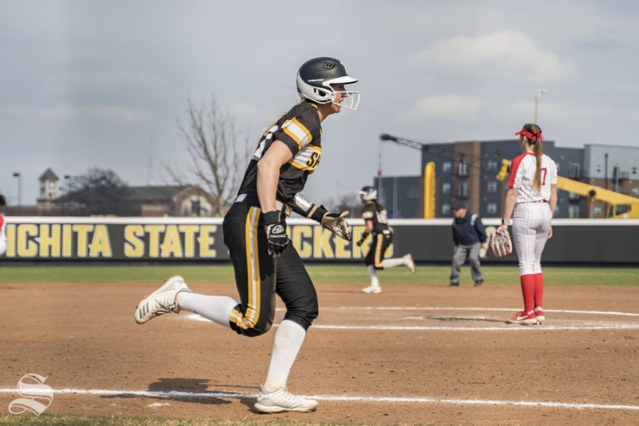 Wichita+State+senior+Laurie+Derrico+runs+home+during+their+game+against+Houston+at+Wilkins+Stadium+on+March+23%2C+2019.