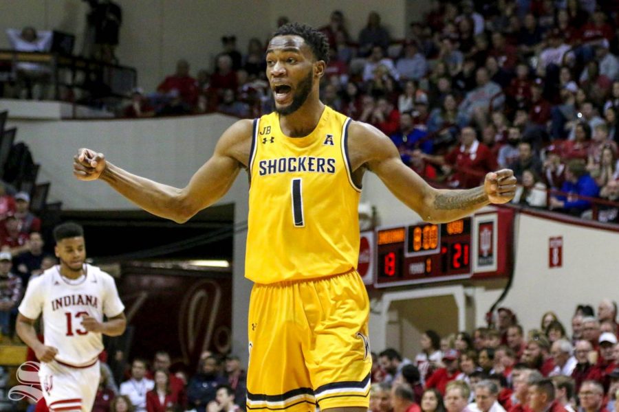 Wichita State senior Markis McDuffie celebrates a made three-pointer in the first half of the game in Bloomington, Indiana on March 26, 2019.