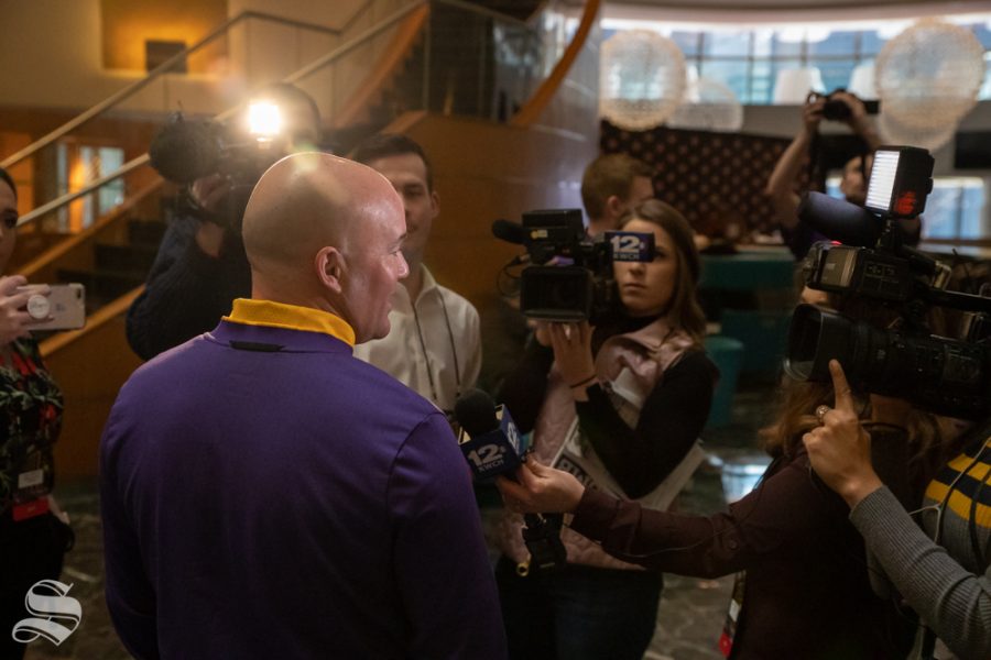Lipscomb coach Casey Alexander speaks with press during designated interview times in the New York Marriott Marquis on April 1, 2019. Wichita State plays Lipscom on Tuesday, April 2nd in Madison Square Garden. (Photo by Joseph Barringhaus/The Sunflower).