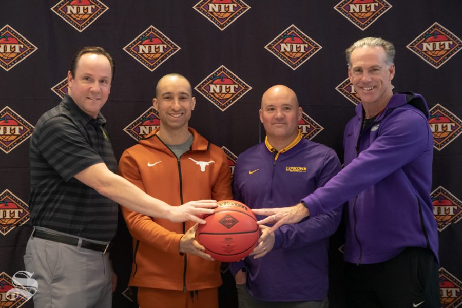 Pictured are NIT semifinalist coaches from left to right. Gregg Marshall (Wichita State), Shaka Smart (University of Texas), Casey Alexander (Lipscomb), and Jamie Dixon (Texas Christian University). (Photo by Joseph Barringhaus/The Sunflower).