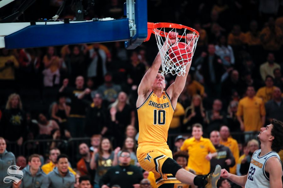 Wichita State freshman Erik Stevenson dunks during the second half of the game against Lipscomb on April 2, 2019 at Madison Square Garden in New York. (Photo by Joseph Barringhaus/The Sunflower).