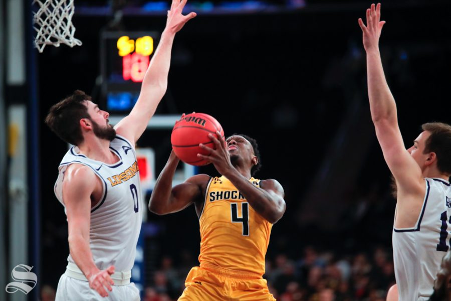 Wichita State guard Samajae Haynes-Jones is fouled on his way up for a shot during the second half of the game against Lipscomb on April 2, 2019 at Madison Square Garden in New York.