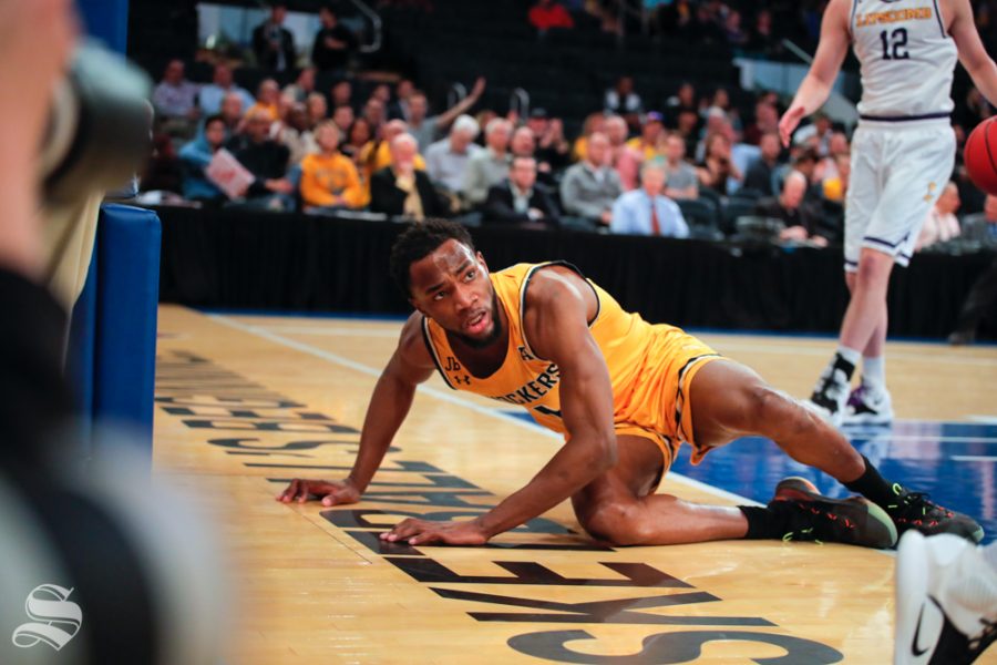 Wichita State senior Markis McDuffie lays on the ground after being fouled during the first half of the game against Lipscomb on April 2, 2019 at Madison Square Garden in New York. (Photo by Joseph Barringhaus/The Sunflower).