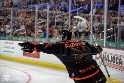 Wichita Thunder forward Ralph Cuddemi points to his teammate after scoring the second goal of the game in the second period against the Allen Americans on April 5, 2019 at INTRUST Bank Arena. (Photo by Joseph Barringhaus/The Sunflower).