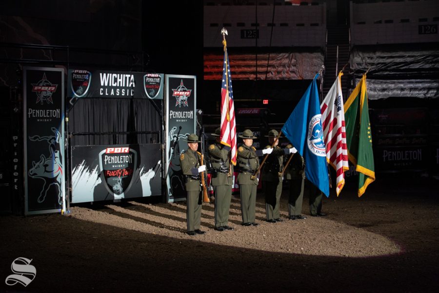 The Border Patrol presents the flags for the National Anthem at the PBR Pendleton Whisky Velocity Tour on April 13, 2019 at INTRUST Bank Arena. (Photo by Joseph Barringhaus/The Sunflower).