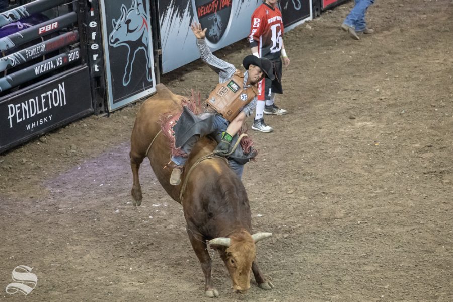 Paulo Ferreira Lima rides Little Tucker for 8 seconds during the first round of the PBR Pendleton Whisky Velocity Tour on April 13, 2019 at INTRUST Bank Arena. (Photo by Joseph Barringhaus/The Sunflower).
