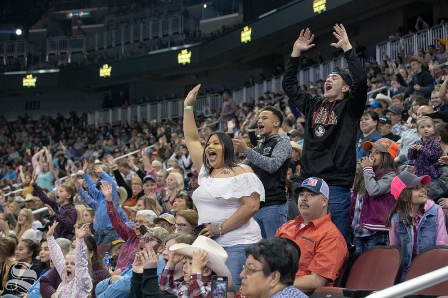 Fans cheer for a free tshirt during a break in the first round of the PBR Pendleton Whisky Velocity Tour on April 13, 2019 at INTRUST Bank Arena. (Photo by Joseph Barringhaus/The Sunflower).