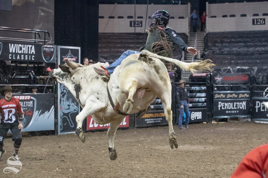 Michael Lane is bucked off of Excessive Force at 6.12 seconds during the first round of the PBR Pendleton Whisky Velocity Tour on April 13, 2019 at INTRUST Bank Arena. (Photo by Joseph Barringhaus/The Sunflower).