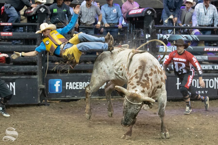 Leonardo Lima is buckd off of Ponotoc at 4.72 seconds during the first round of the PBR Pendleton Whisky Velocity Tour on April 13, 2019 at INTRUST Bank Arena. (Photo by Joseph Barringhaus/The Sunflower).