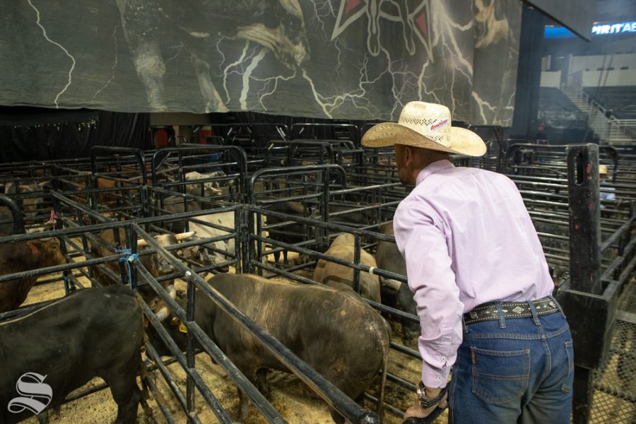 A bull rider looks into the pen prior to the start of the PBR Pendleton Whisky Velocity Tour on April 13, 2019 at INTRUST Bank Arena. (Photo by Joseph Barringhaus/The Sunflower)