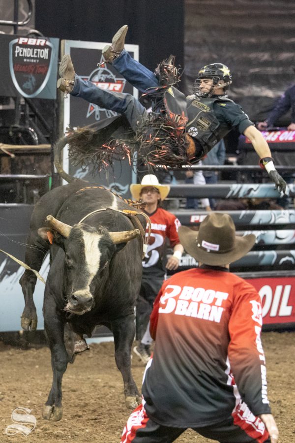 Ramon De Lima is bucked off of Im Legit Too for 3.24 seconds during the first round of the PBR Pendleton Whisky Velocity Tour on April 13, 2019 at INTRUST Bank Arena. (Photo by Joseph Barringhaus/The Sunflower).