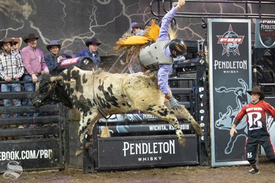 Zane Cook is bucked off of The Sandman at 1.25 seconds during the first round of the PBR Pendleton Whisky Velocity Tour on April 13, 2019 at INTRUST Bank Arena. (Photo by Joseph Barringhaus/The Sunflower).