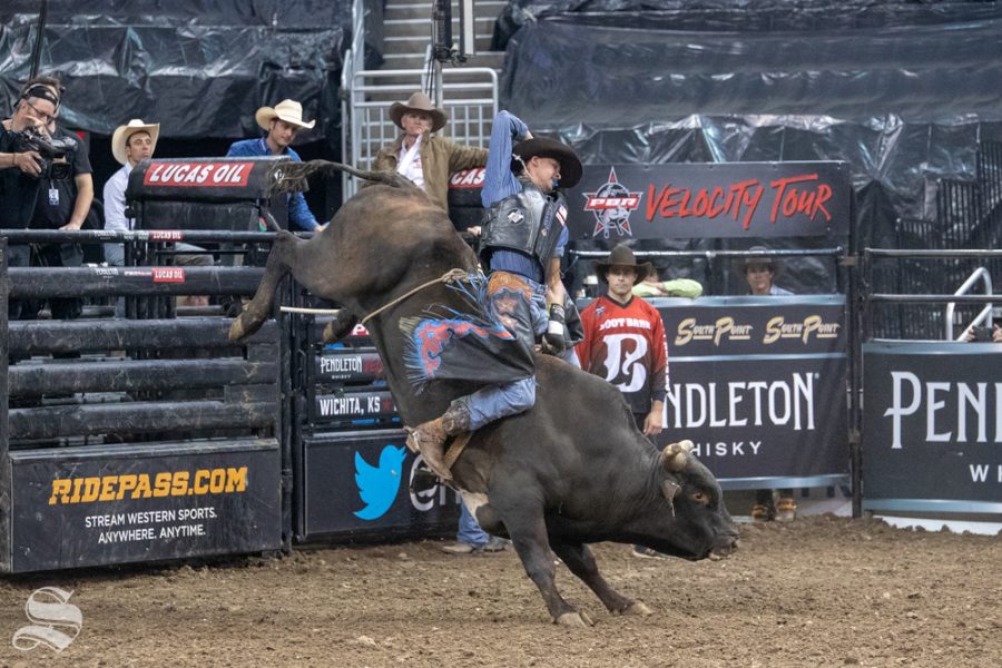 Travis Briscoe holds onto Kern River for 2.15 seconds during the first round of the PBR Pendleton Whisky Velocity Tour on April 13, 2019 at INTRUST Bank Arena. (Photo by Joseph Barringhaus/The Sunflower).