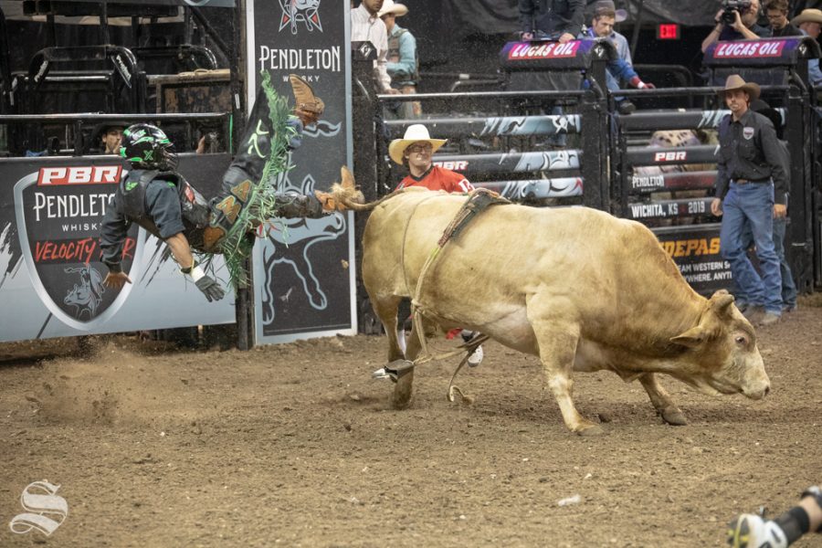Wallace Vieira de Oliveira is bucked off of The Right Stuff at 2.67 seconds during the first round of the PBR Pendleton Whisky Velocity Tour on April 13, 2019 at INTRUST Bank Arena. (Photo by Joseph Barringhaus/The Sunflower).