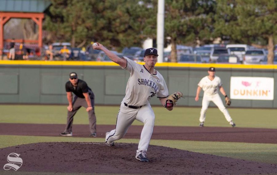 Wichita State freshman Connery Peters pitches the ball in relief at Eck Stadium on April 10, 2019.