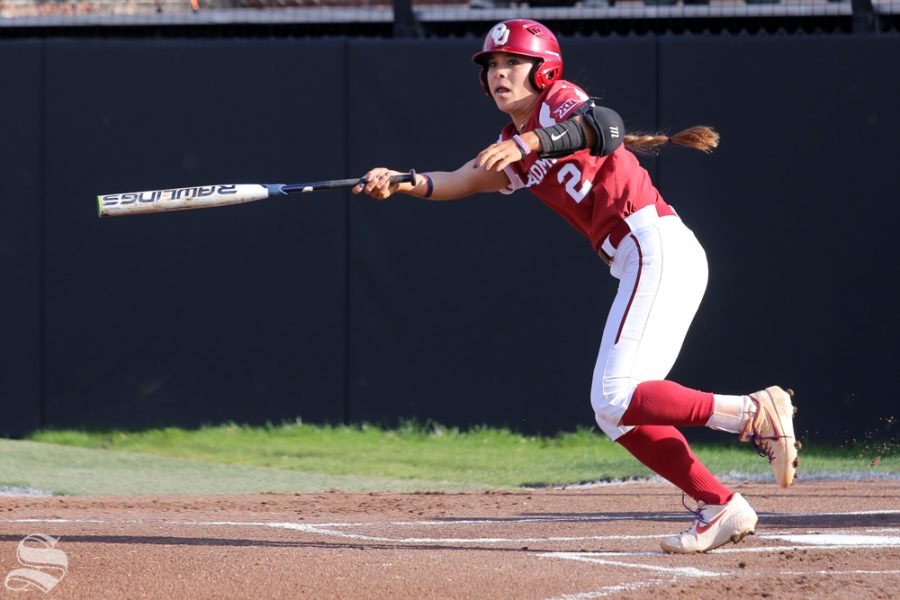 Oklahoma senior Sydney Romero hits a home run over the left-field wall. No. 1 Oklahoma defeated Wichita State 8-0 in five innings on April 24 at Wilkins Stadium. (Photo by Evan Pflugradt/The Sunflower).