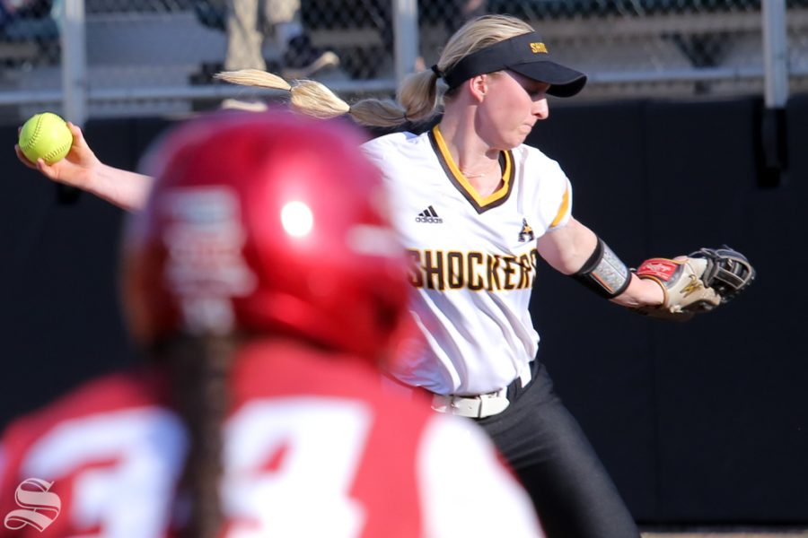 Wichita States Caitlyn Bingham delivers a pitch. No. 1 Oklahoma defeated Wichita State 8-0 in five innings on April 24 at Wilkins Stadium. (Photo by Evan Pflugradt/The Sunflower).