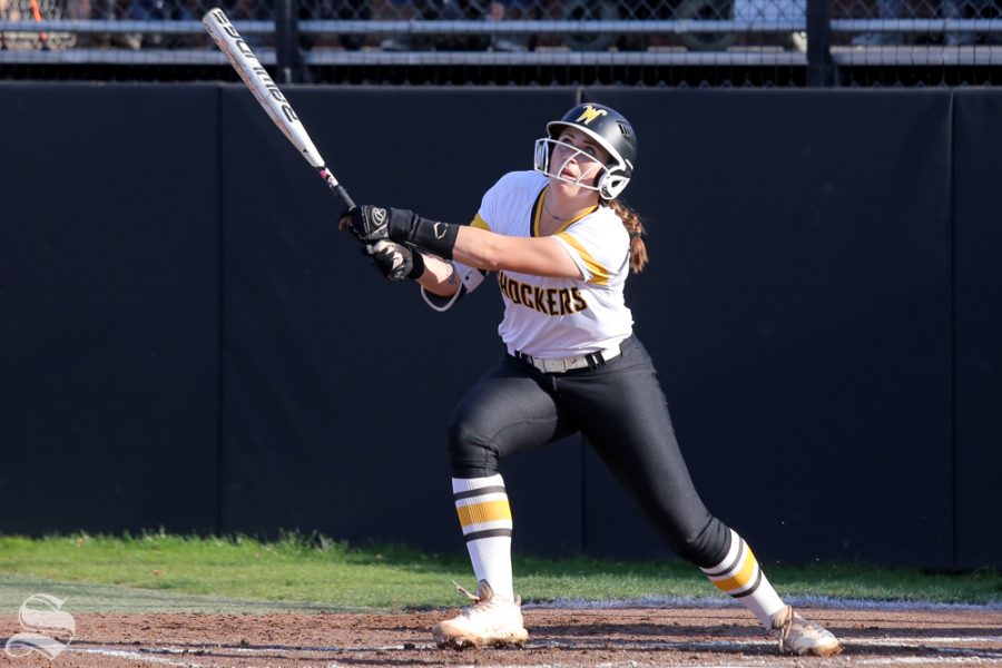 Wichita States Sydney McKinney foul tips a ball. No. 1 Oklahoma defeated Wichita State 8-0 in five innings on April 24 at Wilkins Stadium. (Photo by Evan Pflugradt/The Sunflower).