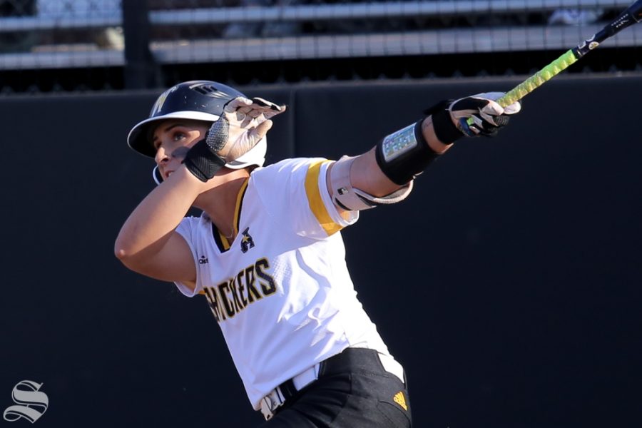 Wichita States Madison Perrigan follows the ball. No. 1 Oklahoma defeated Wichita State 8-0 in five innings on April 24 at Wilkins Stadium. (Photo by Evan Pflugradt/The Sunflower).