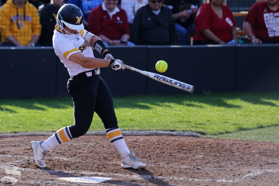 A Wichita State hitter tips a ball foul. No. 1 Oklahoma defeated Wichita State 8-0 in five innings on April 24 at Wilkins Stadium. (Photo by Evan Pflugradt/The Sunflower).