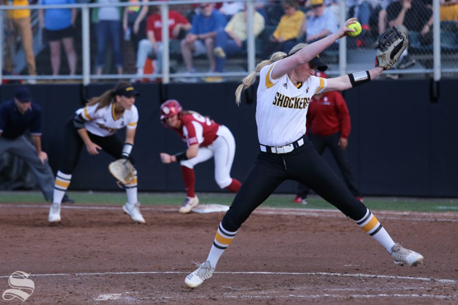 Wichita States Caitlyn Bingham delivers a pitch. No. 1 Oklahoma defeated Wichita State 8-0 in five innings on April 24 at Wilkins Stadium. (Photo by Evan Pflugradt/The Sunflower).