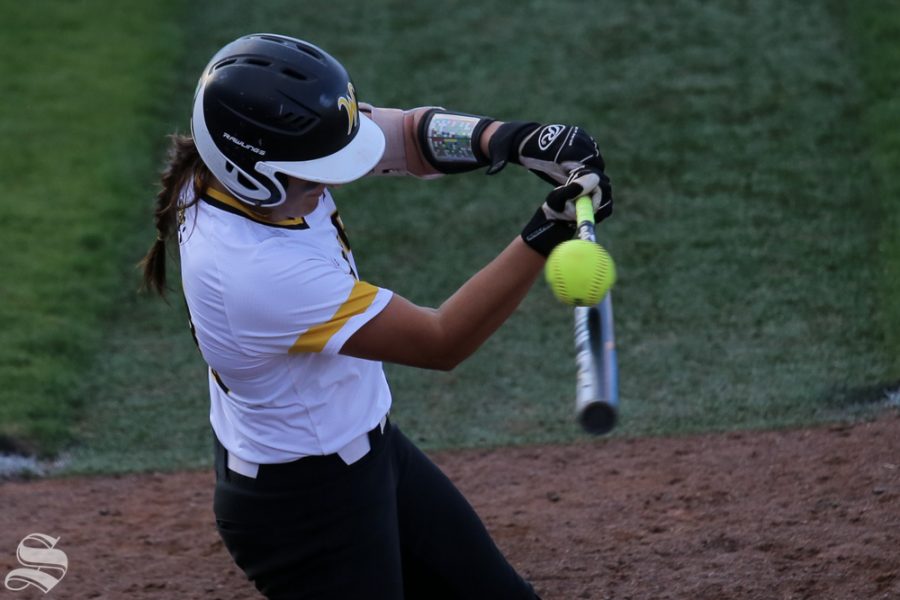 A Wichita State hitter foul tips a ball. No. 1 Oklahoma defeated Wichita State 8-0 in five innings on April 24 at Wilkins Stadium. (Photo by Evan Pflugradt/The Sunflower).