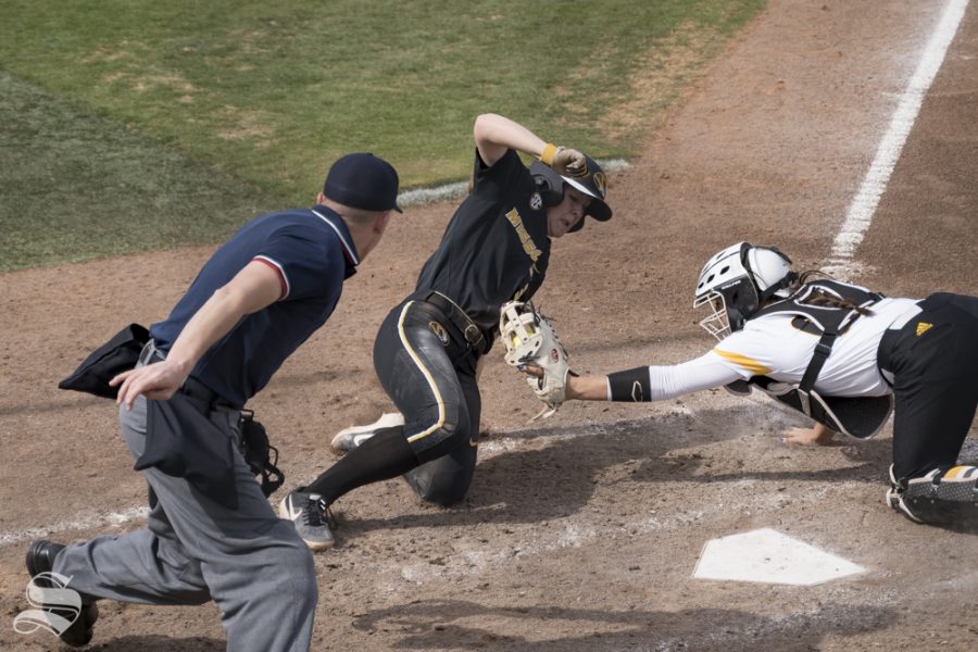 University of Missouri sophomore Hatti Moore slides home during the game against Wichita State at Wilkins Stadium on April 3, 2019.