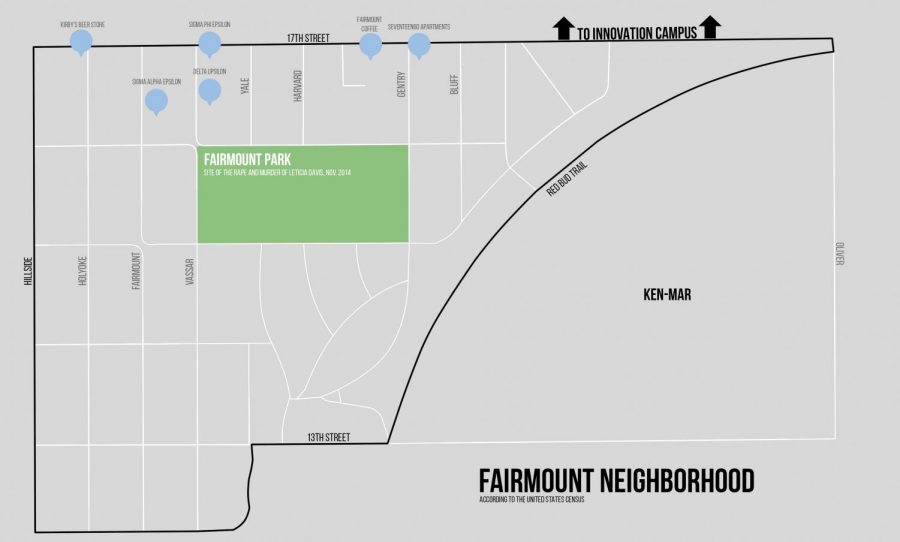 The United States Census defines Fairmount in their data as the area starting at 17th and Hillside, just south of campus, and stretches south to a block after 13th Street at Hillside. It then stretches east and divides Fairmount and Ken-Mar at the Red Bud Trail, which used to be a rail line. The Sunflower will be using these boundaries when they refer to Fairmount.