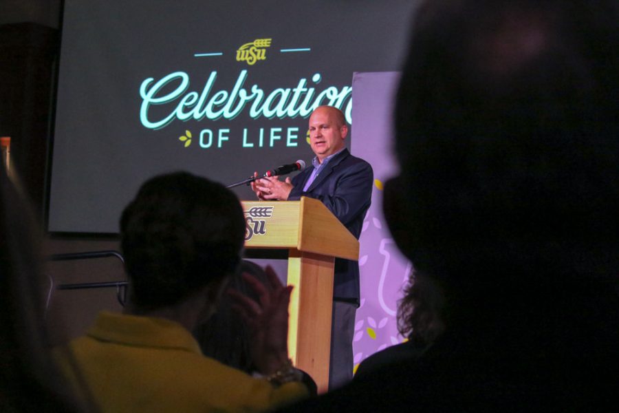 Vice President for Research and Technology Transfer John Tomblin speaks at late President John Bardos celebration of life. Tomblin remembered Bardo for the vision he had for the university, specifically with Innovation Campus and research grants.