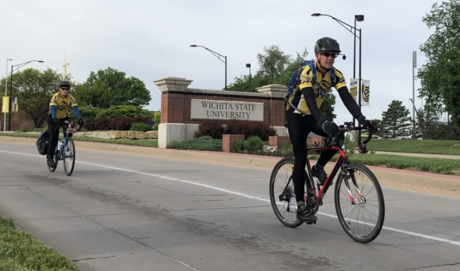 Paul Harrison (left) and his little brother Kelly Harrison depart from Wichita State on their nearly 1,000-mile trip to Winnipeg, Manitoba in Canada. The Harrisons were soon joined by their childhood friend, Richard Stephens.