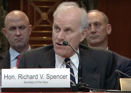 Secretary of the Navy Richard Spencer speaks about the Navy's partnership with Wichita State Wednesday before the Senate Appropriations Subcommittee on Defense.