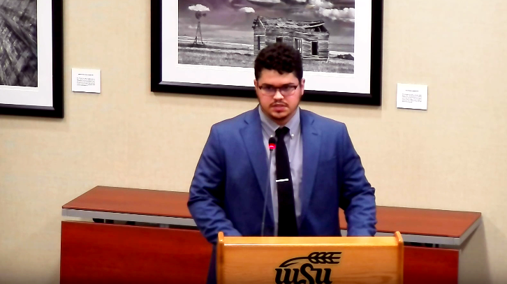 Screenshot of the May 1 meeting while Dylan Jensen was speaking to senators on his nomination to be the Student Government treasurer.