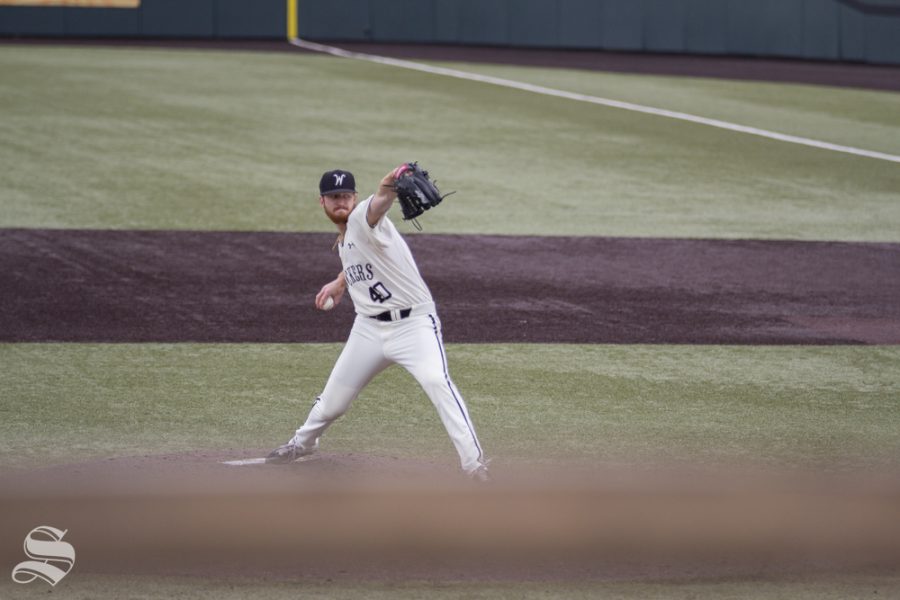 Wichita State senior Clayton McGinness pitches during the game against ECU on May 11, 2019 at Eck Stadium.