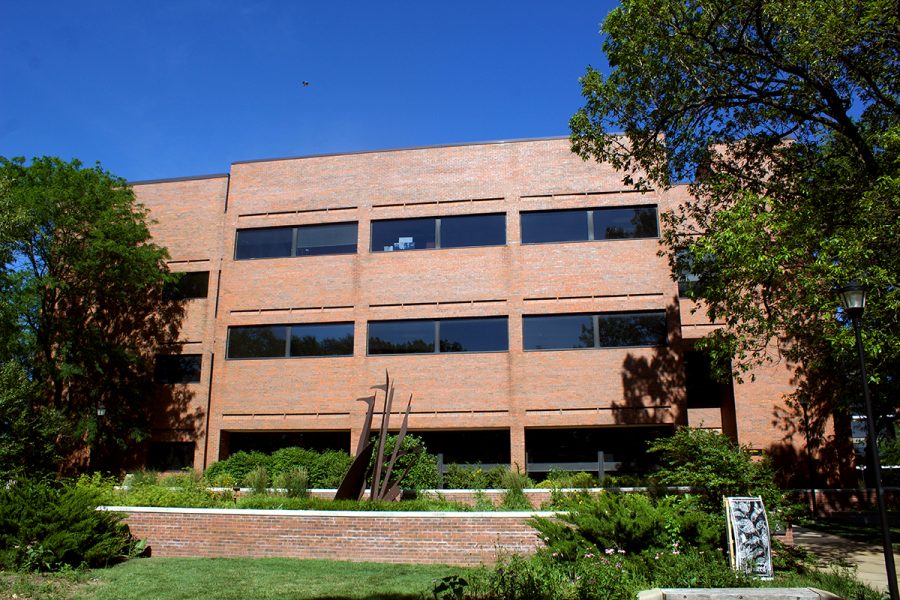 Wallace Hall is directly south of Ablah Library on Wichita State Universitys main campus. The halls lecture theater is closed due to storm damage. 