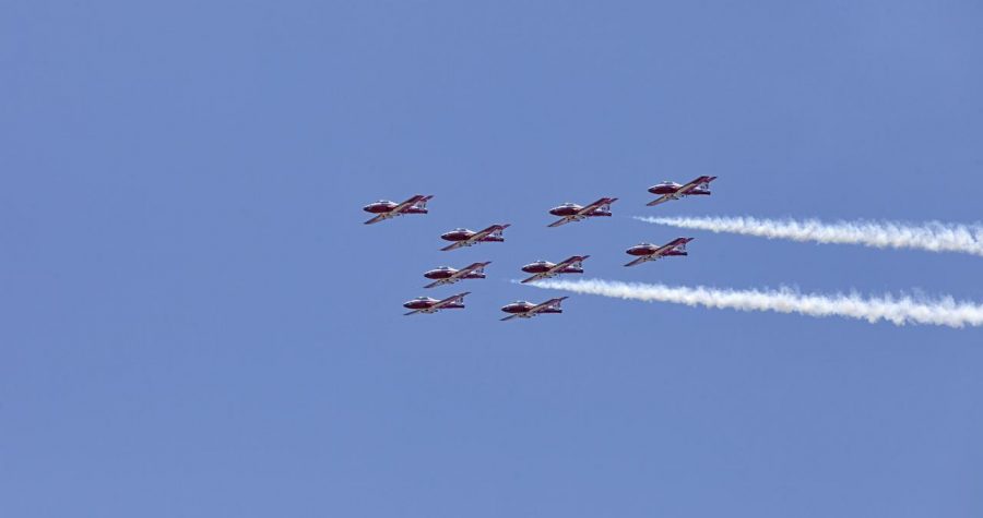 Canadian Forces Snowbirds fly in formation over NASAs Kennedy Space Center in Florida during a practice flight on May 9, 2018, between their scheduled U.S. air shows.