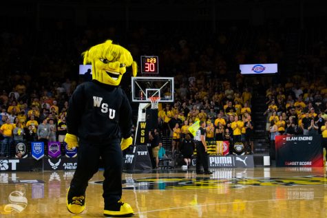 WuShock walks the court during a timeout in the game between the Aftershocks and Sideline Cancer as part of the Wichita Regional TBT tournament on July 27, 2019 in Charles Koch Arena.