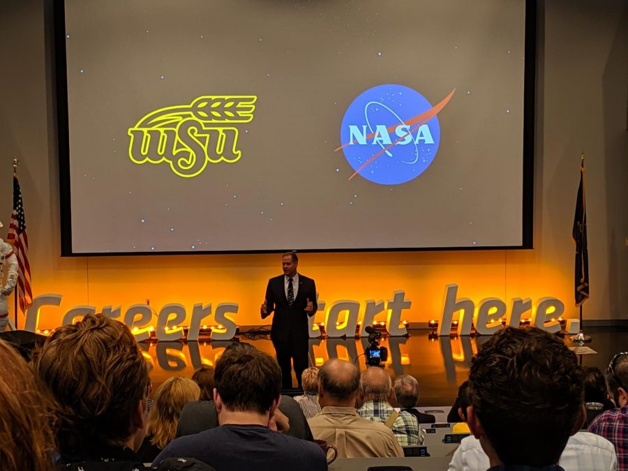 NASA Administrator Jim Bridenstine speaks at the National Institute for Aviation Research Monday. Bridenstine emphasized “urban air mobility” during his address.